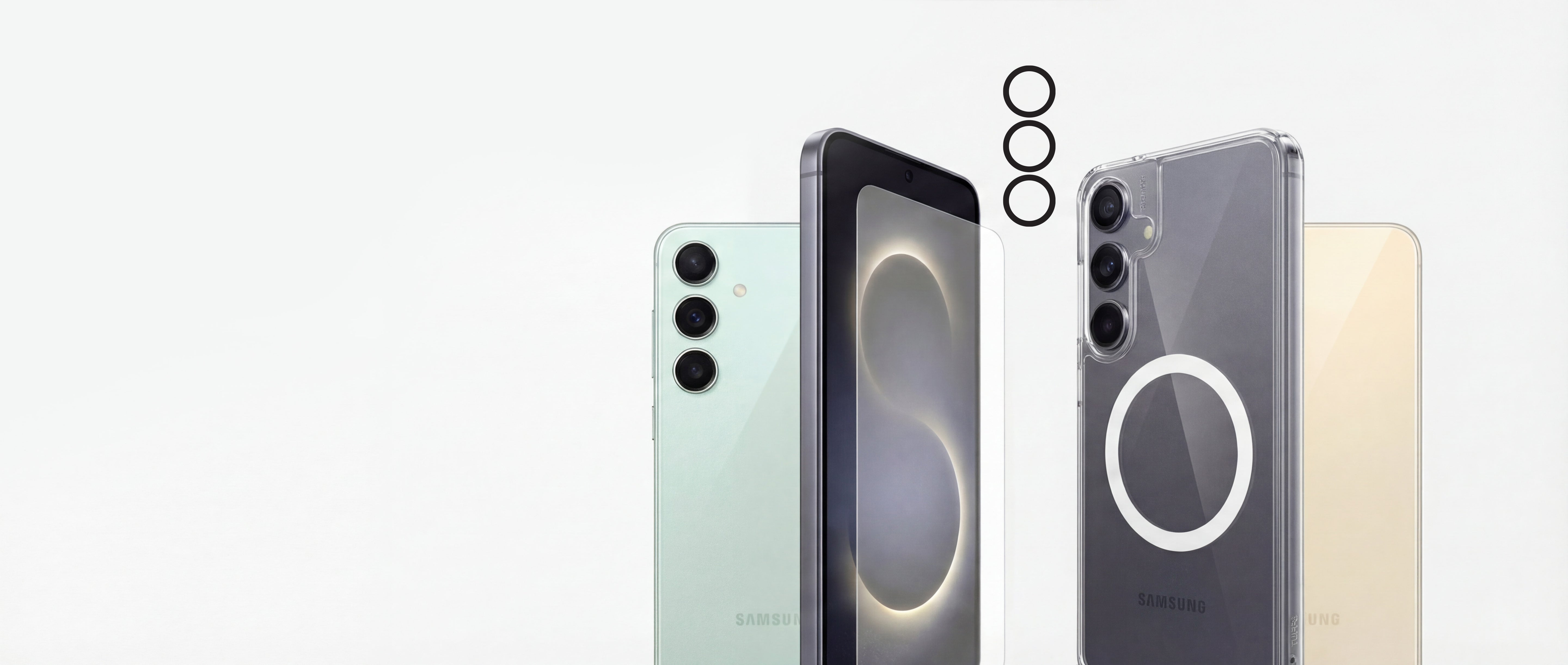 Four smartphones with phone cases, screen protector and lens protectors  in different colors on a white background